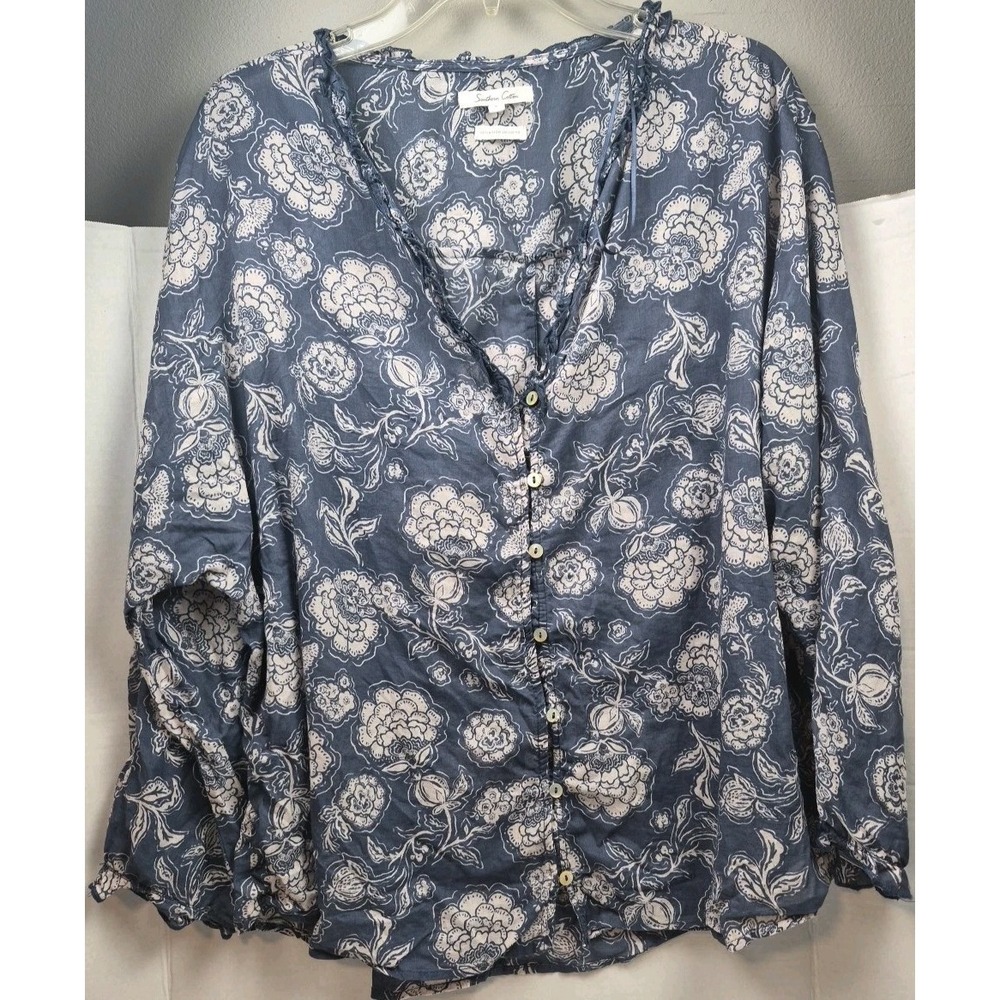 Southern Cotton Blue‎ Floral Button Up Blouse Peasant Boho Top Ruffle Feminine